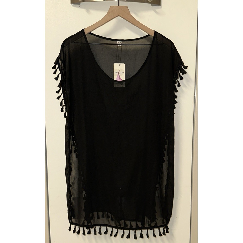 GDKEY Women Size S/M Sheer Swim Suit Cover Up Black Tassels Side Slit Resortwear